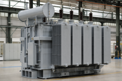 1000 kVA power transformer with cooling radiators and high voltage bushings