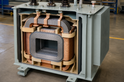 Home 17 Amorphous core transformer cutaway showing ribbon steel core and copper windings