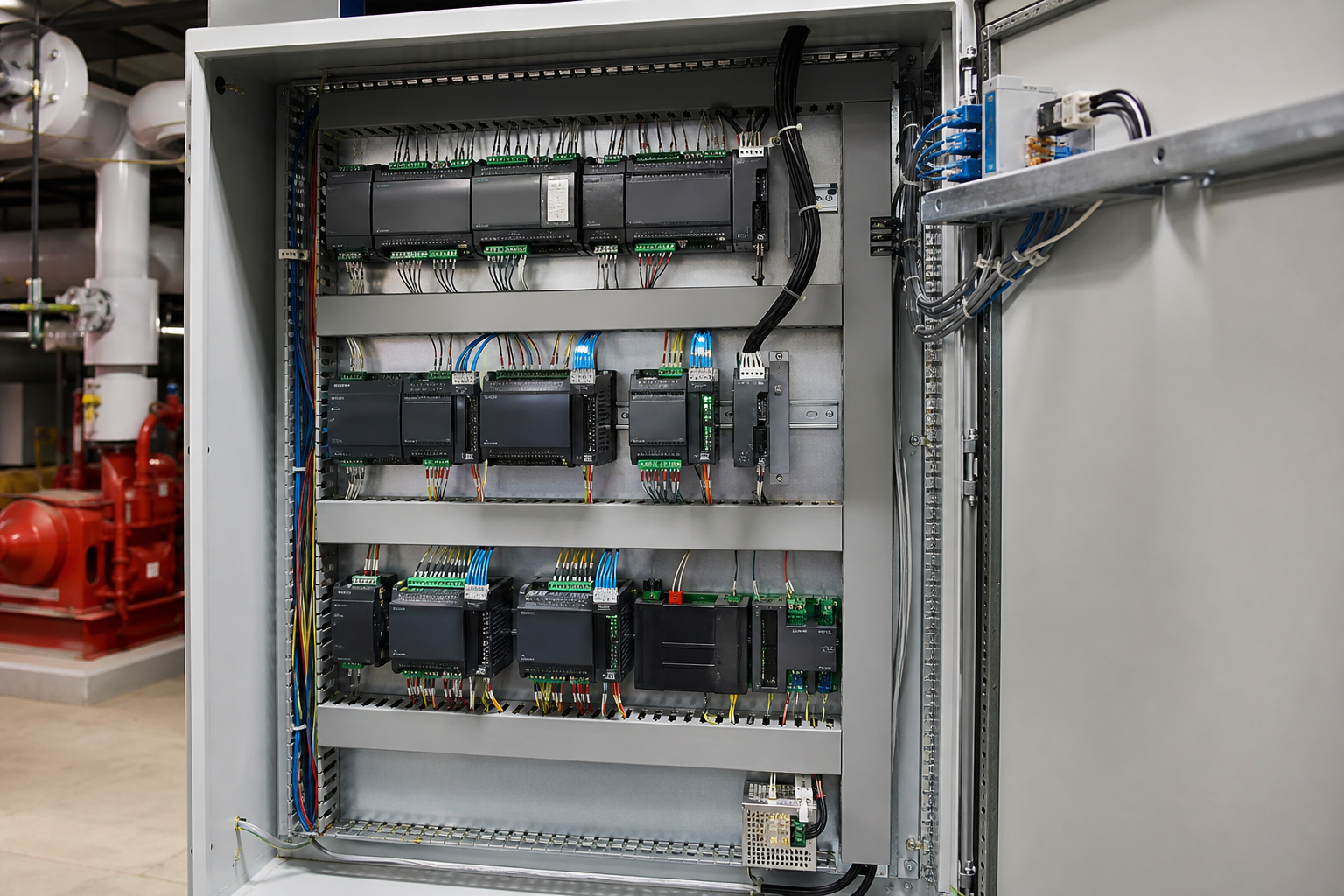 Building automation DDC control panel in a commercial mechanical room