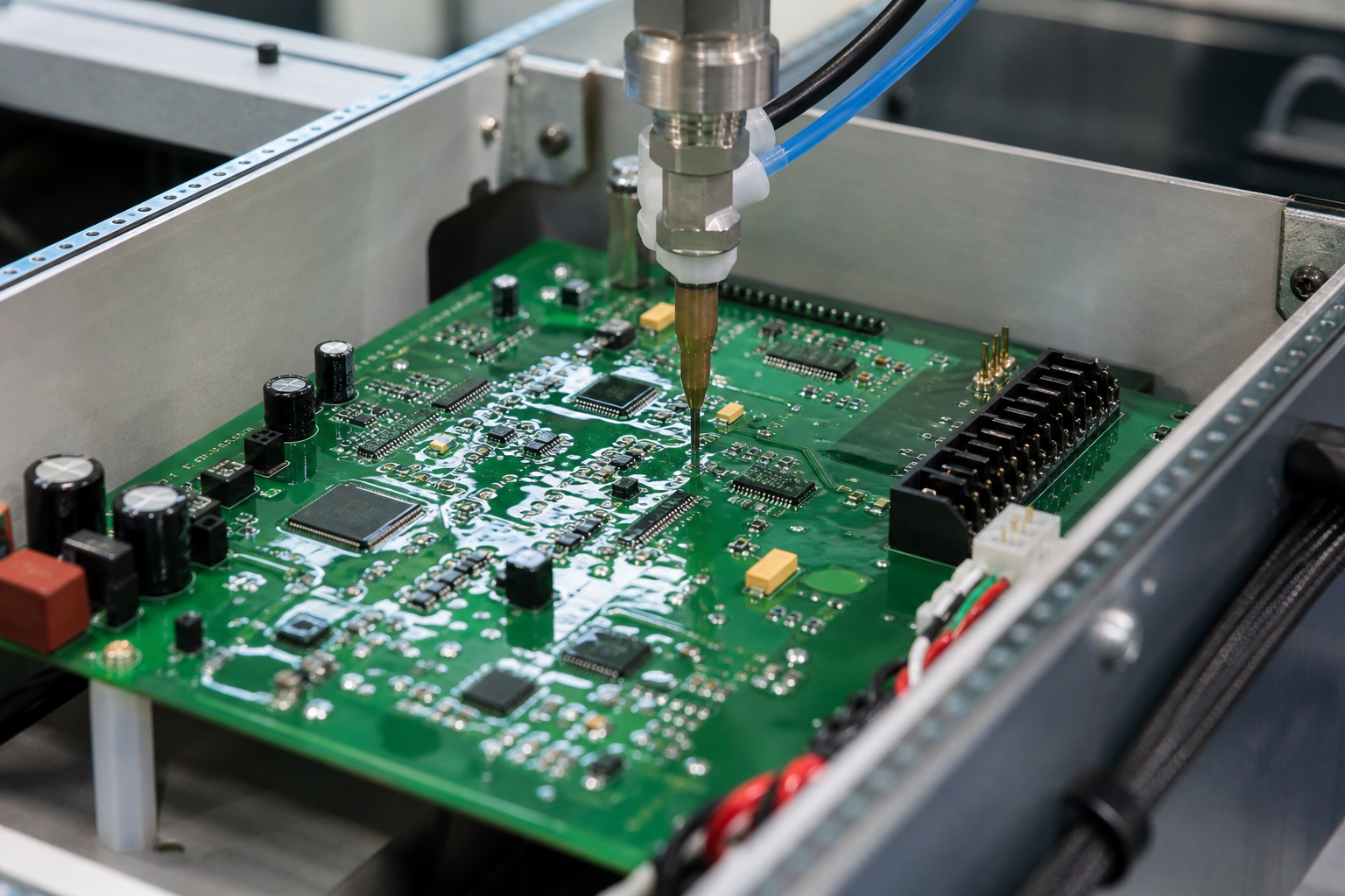 Conformal Coating vs Waterproof Enclosures: What Each Protection Layer Does 2 Conformal coating layer on a circuit board inside an enclosure