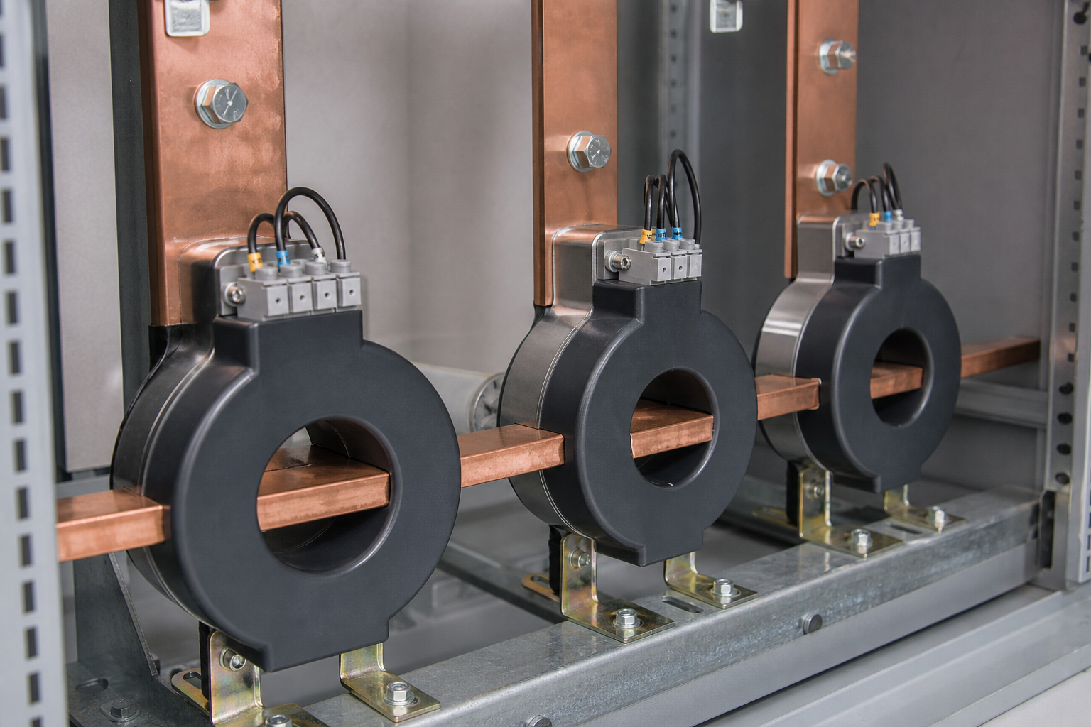 Current transformer CT units mounted on copper busbars in switchgear