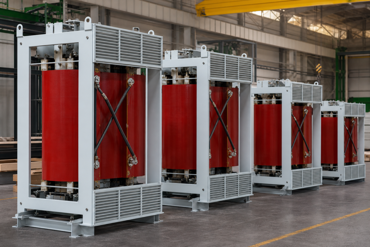 Dry type transformers with ventilation grilles in different frame sizes