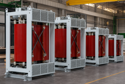 Dry type transformers with ventilation grilles in different frame sizes