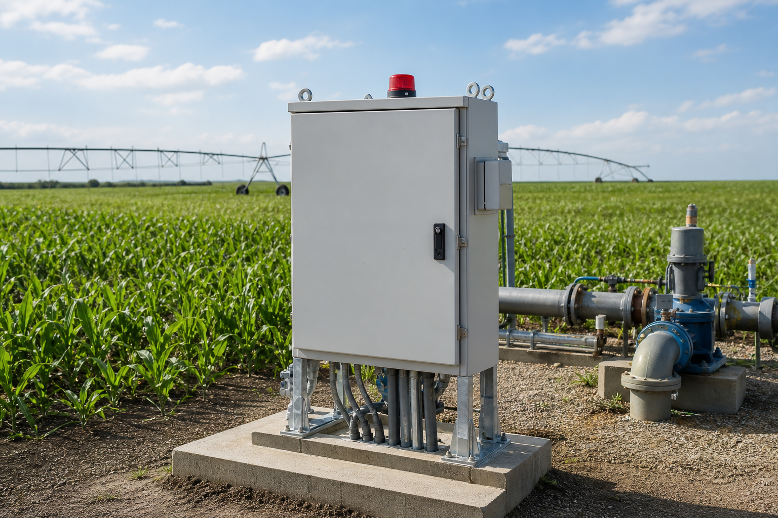 Irrigation pump control panel installed beside farm field water pipes