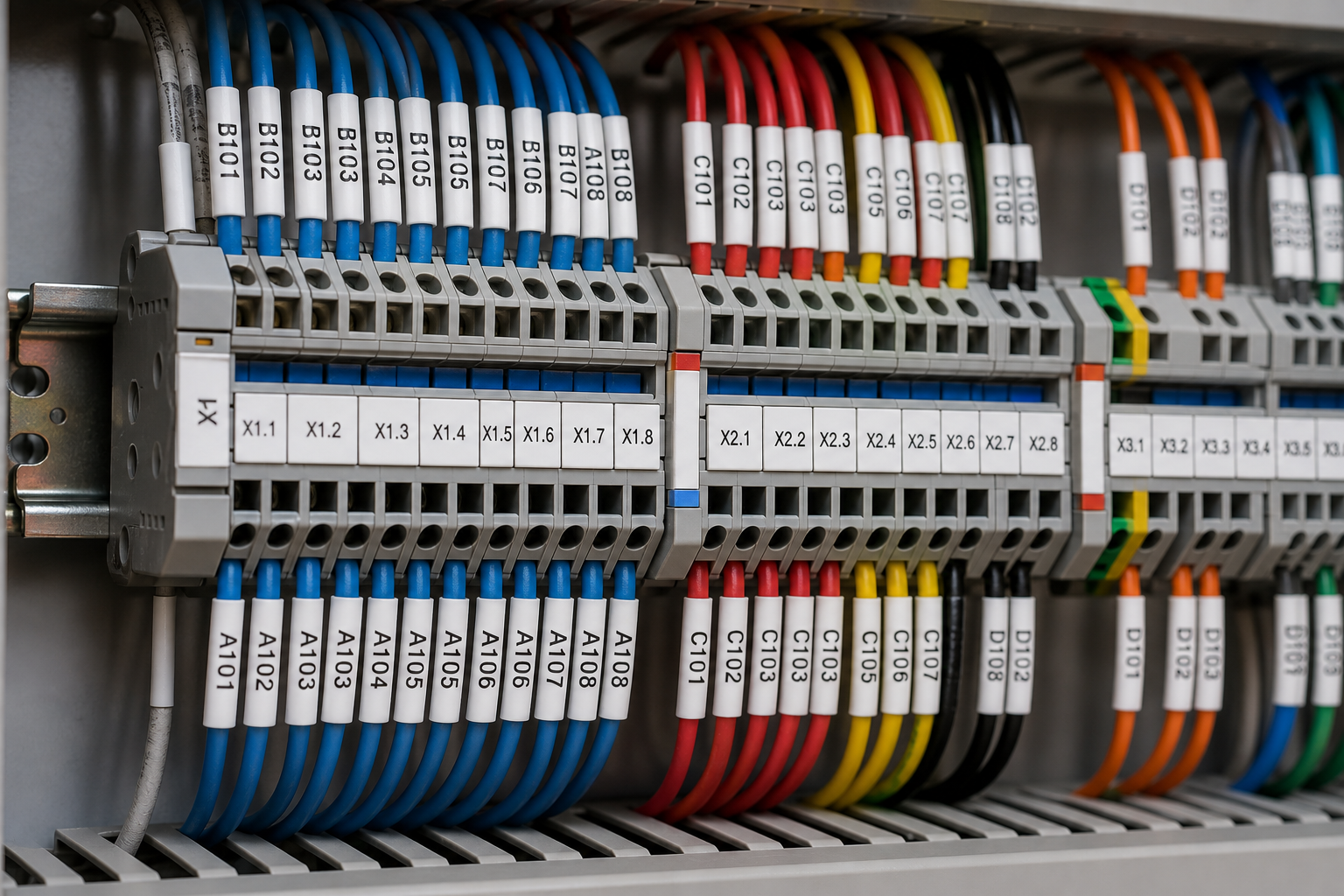Industrial Control Panel Labels: Planning, Identification, and Documentation 3 Labeled terminal blocks and wire markers inside an industrial control panel