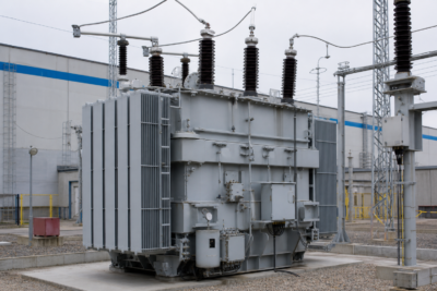 Medium voltage transformer in electrical substation with porcelain bushings