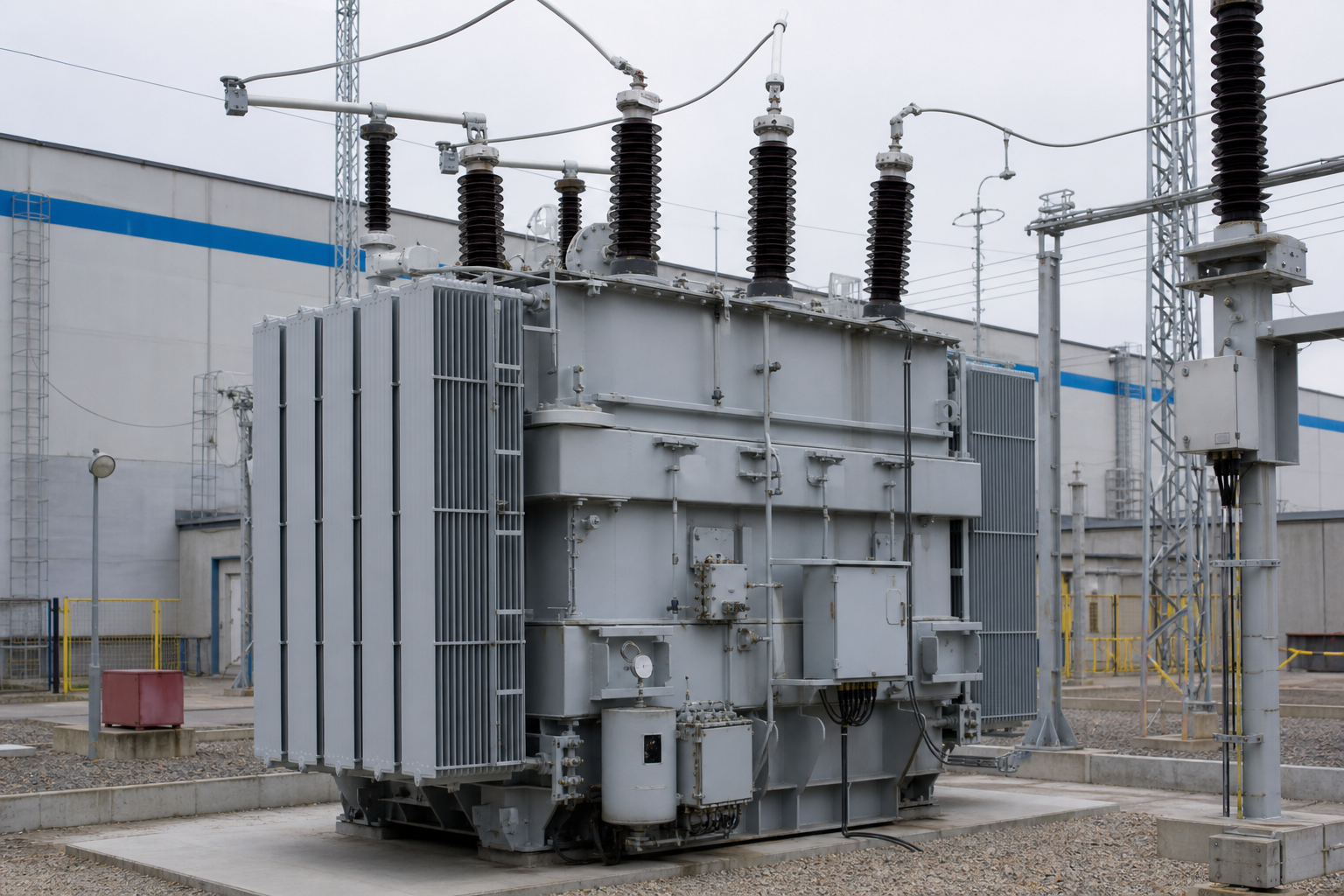 Medium voltage transformer in electrical substation with porcelain bushings