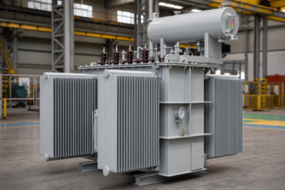 Oil immersed transformer with radiator fins and conservator tank