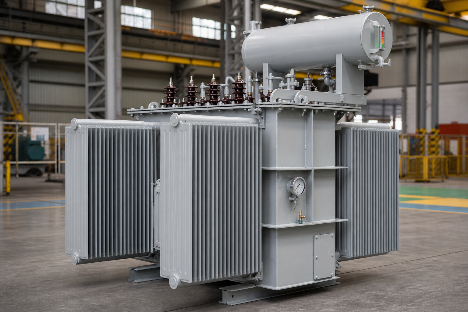 Oil-Immersed Transformers: Construction, Fluids, and Where They Win 1 Oil immersed transformer with radiator fins and conservator tank
