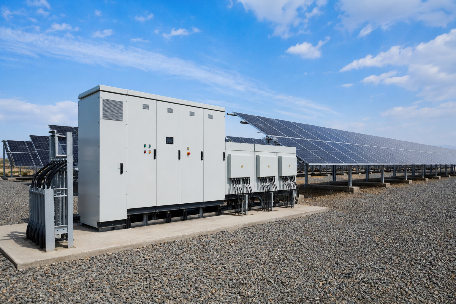 Solar power switchgear cabinets next to a utility-scale photovoltaic array