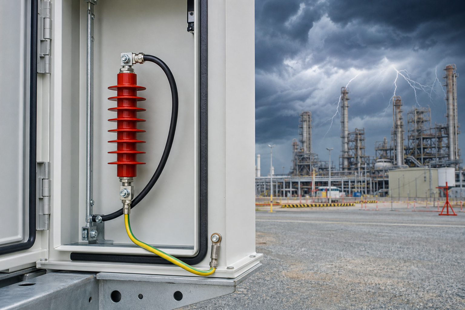 Outdoor electrical cabinet with lightning arrester and grounding conductor