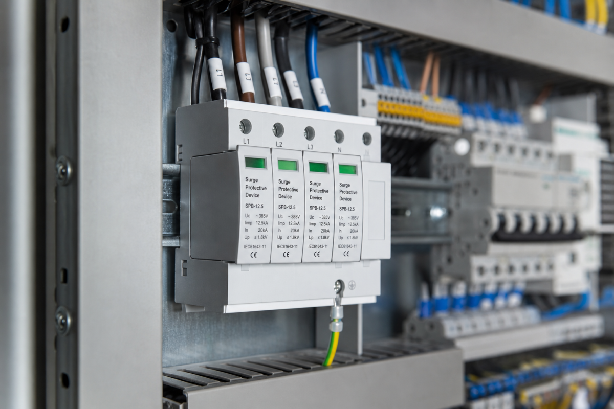 DIN-rail surge protection devices installed inside an industrial control panel
