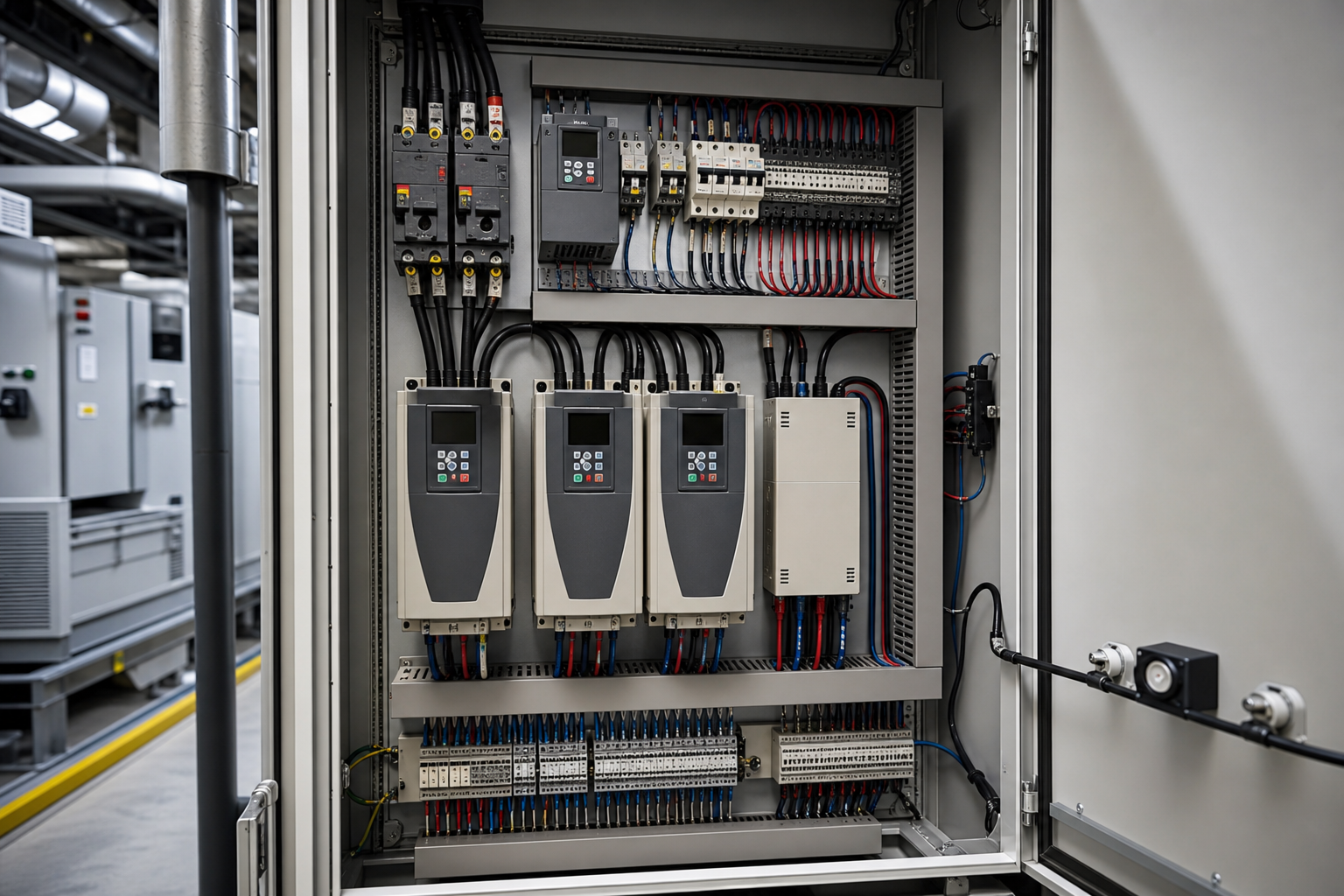 Open VFD control panel cabinet showing variable frequency drives, circuit breakers and terminal wiring