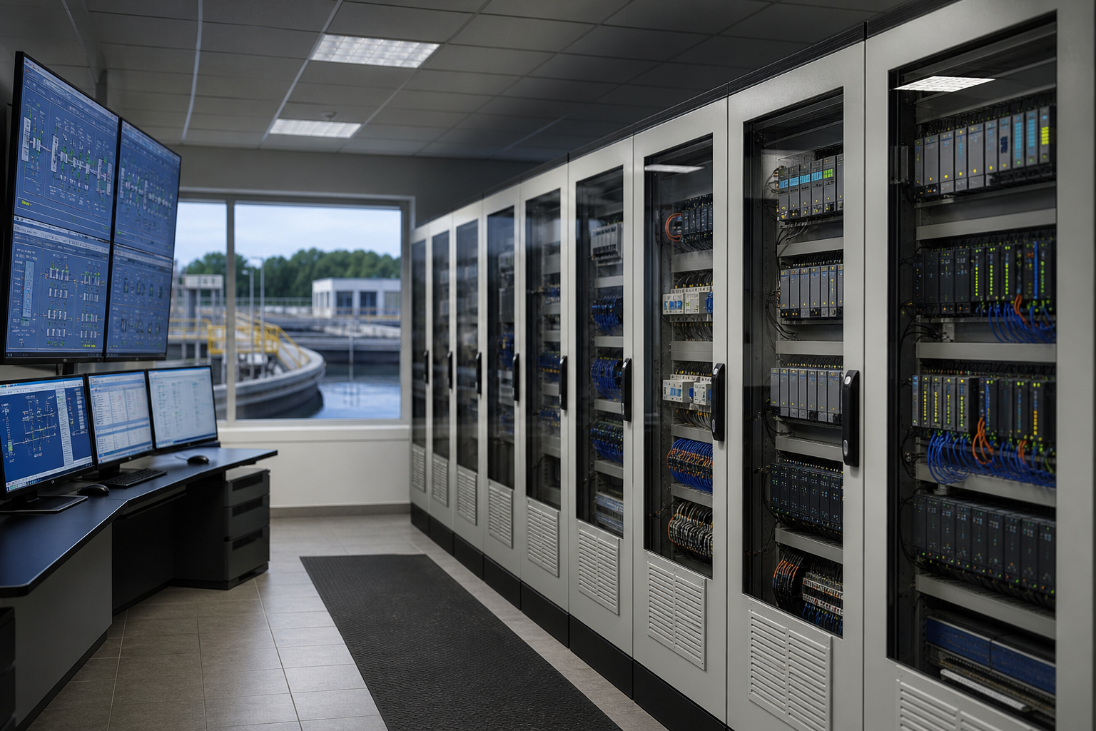 Water Treatment Control Panel Architecture: Inputs to Define Before Selection 3 Water treatment plant control room with PLC panels and SCADA screens